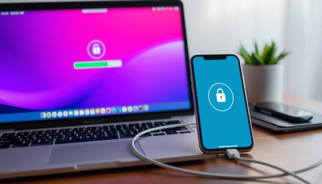 iPhone connected to computer running iPhone unlocker software iPhone connected to computer running iPhone unlocker software