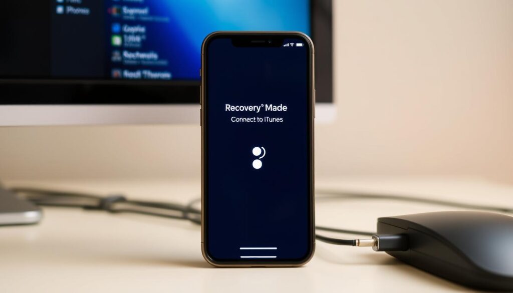 iPhone in recovery mode connected to computer